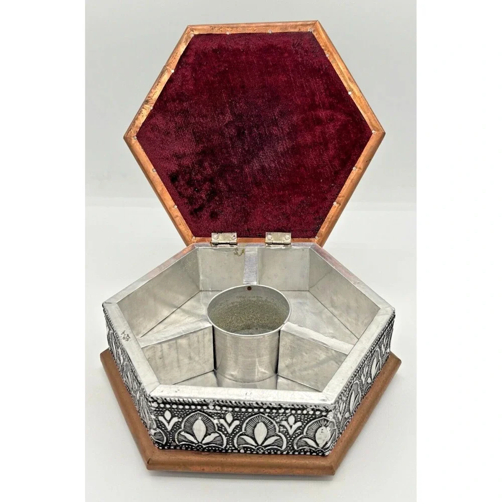 Vintage Embossed Silver Copper & Metal Hexagonal Trinket Box‎ 4 Compartment